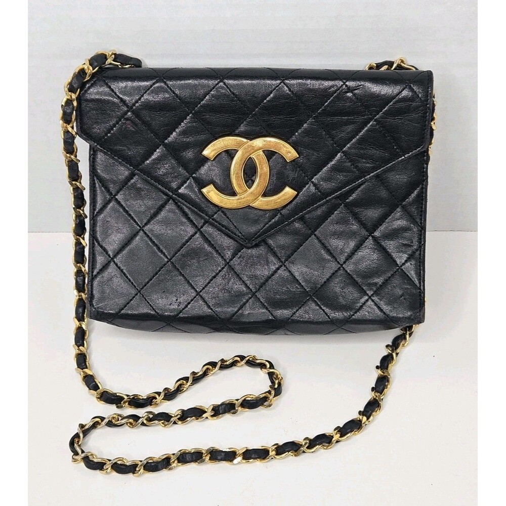 Chanel Vintage 1980's Quilted Lambskin Envelope Flap Bag Black Gold Chain Strap